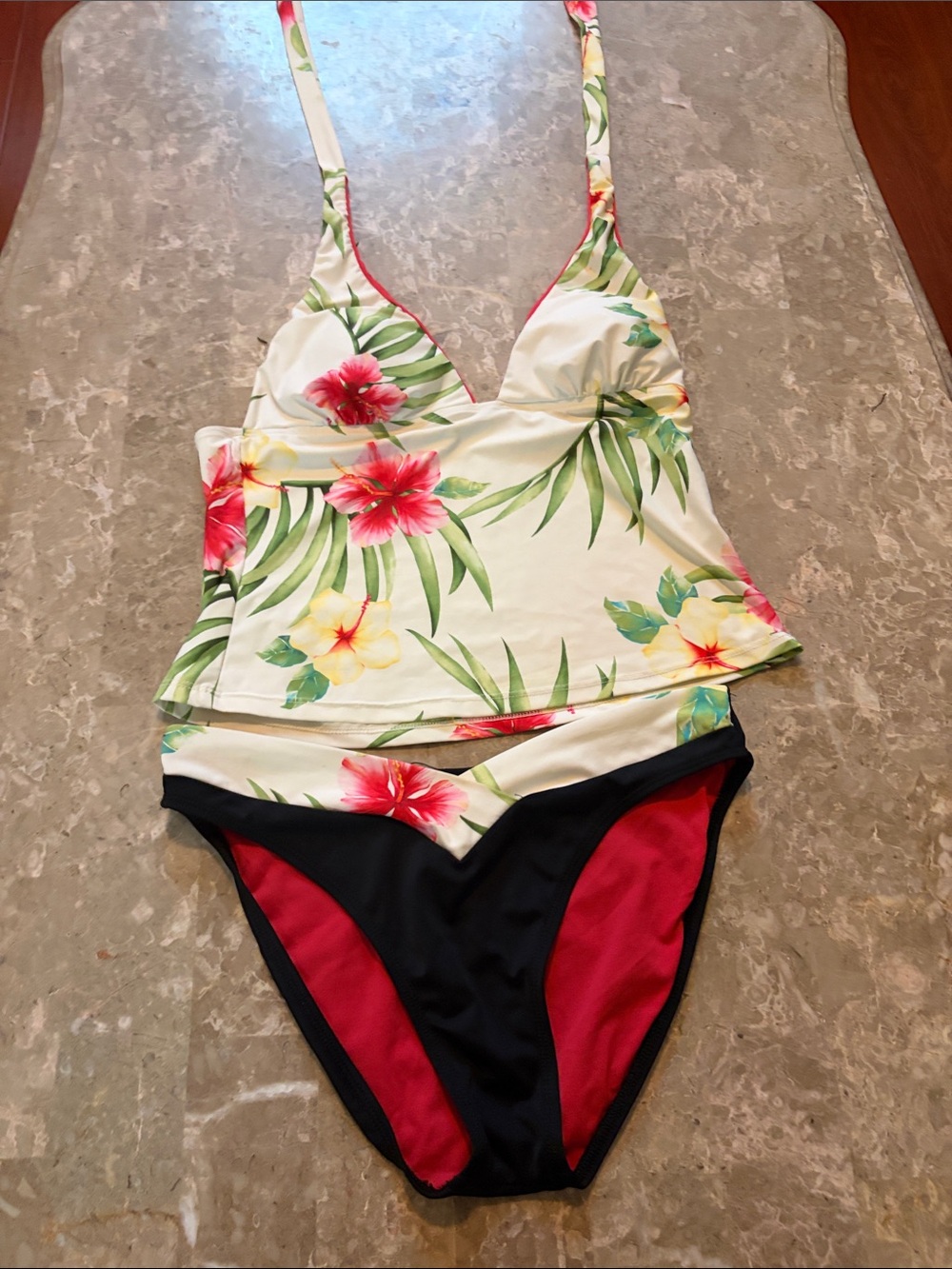 Athena Floral Tankini swimsuit with Red & Black Accents